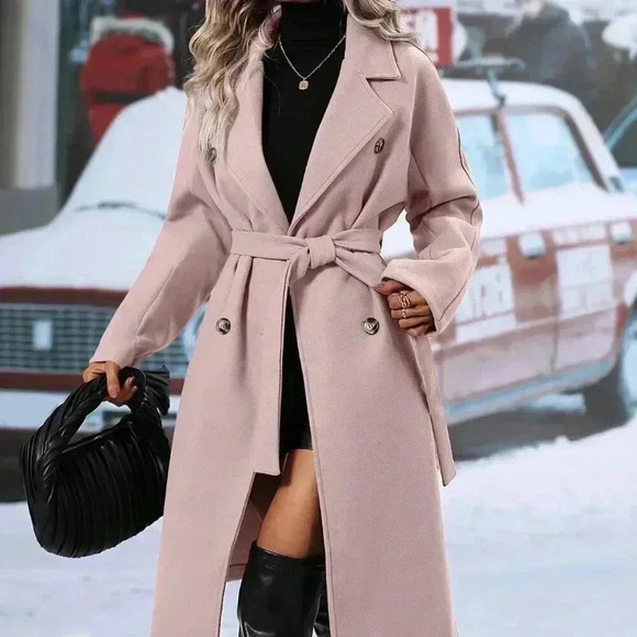 Jackets & Blazers - Casual Women's Lapel Neck Double Breasted Belted Jacket coat Dusty Pink